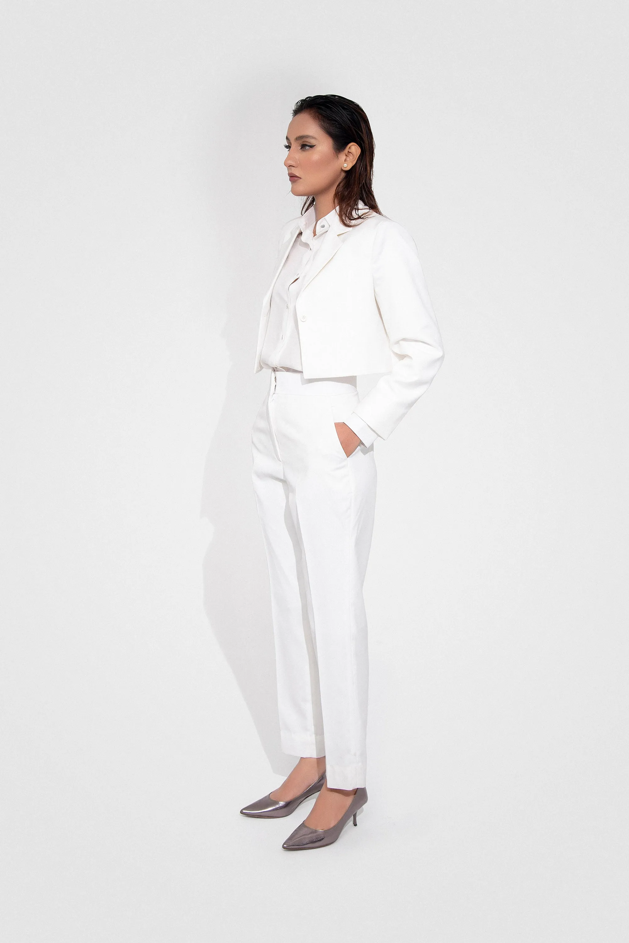 White Bird Crop Jacket Slacks Set