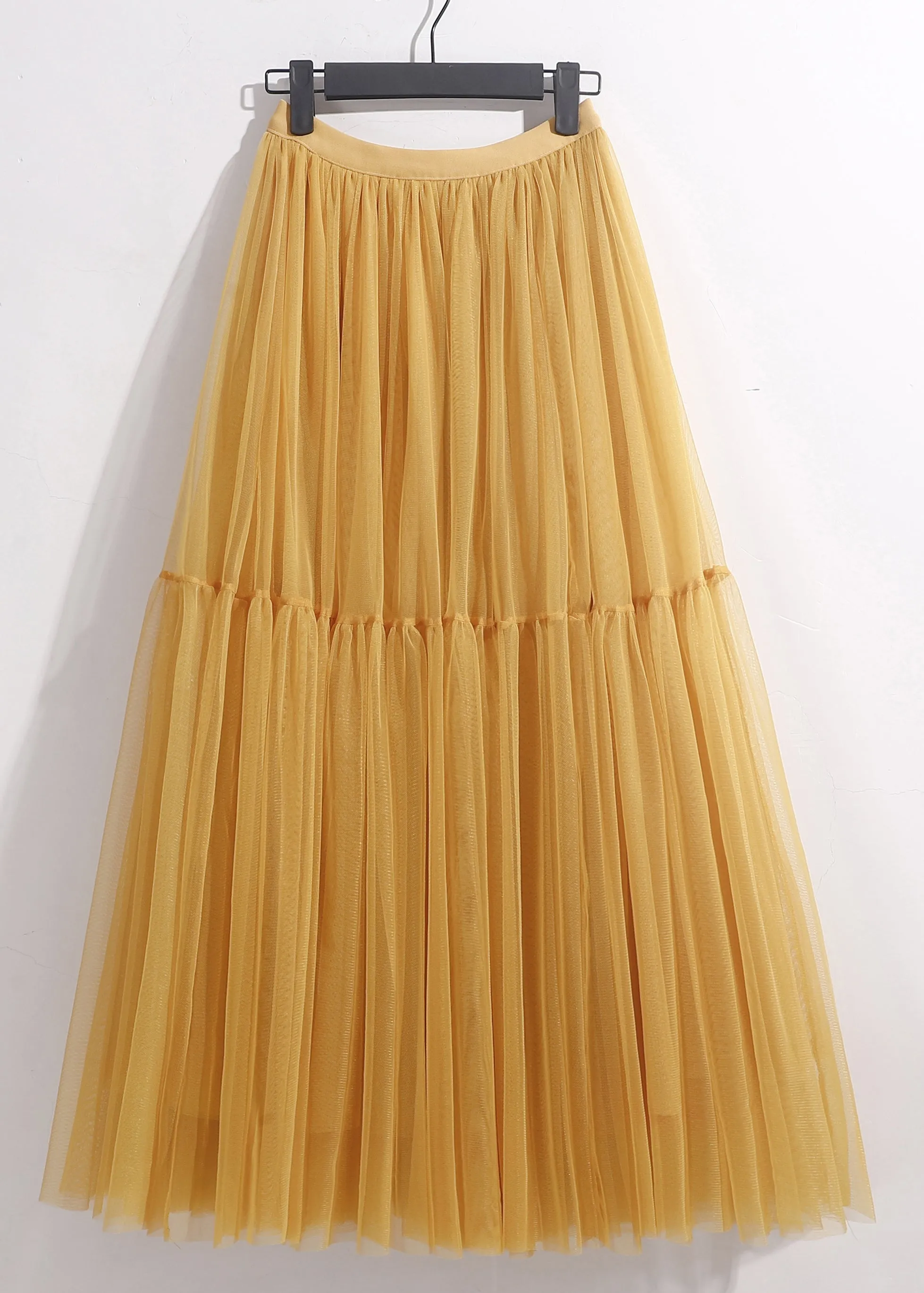 Women Yellow Wrinkled Elastic Waist Tulle Skirt Summer AS1095