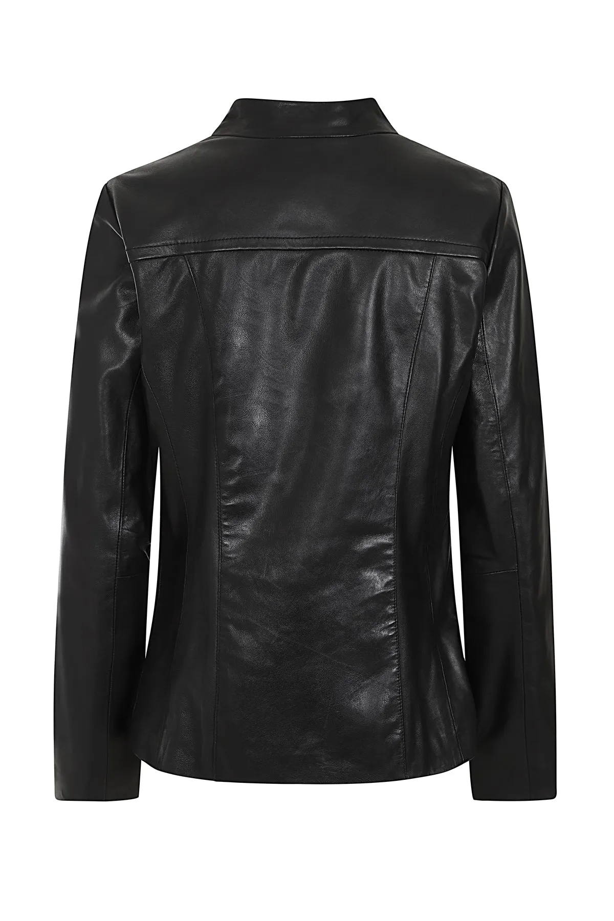 Women's Black Classic Zip Up Genuine Leather Jacket with a “V” Neck  - LAURA