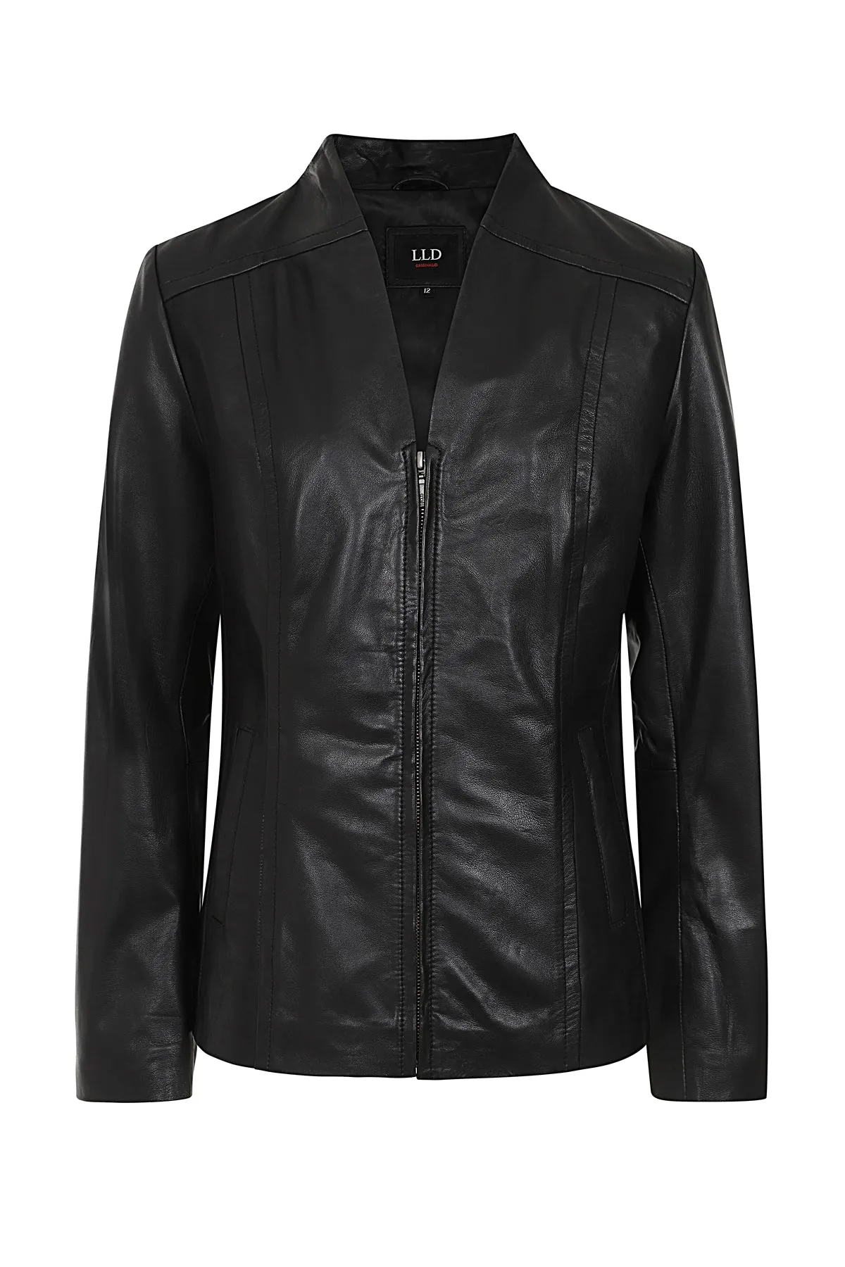 Women's Black Classic Zip Up Genuine Leather Jacket with a “V” Neck  - LAURA