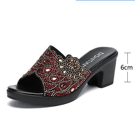 Women's Casual Shoes Slippers High Heels Rhinestone Leather - TZ306