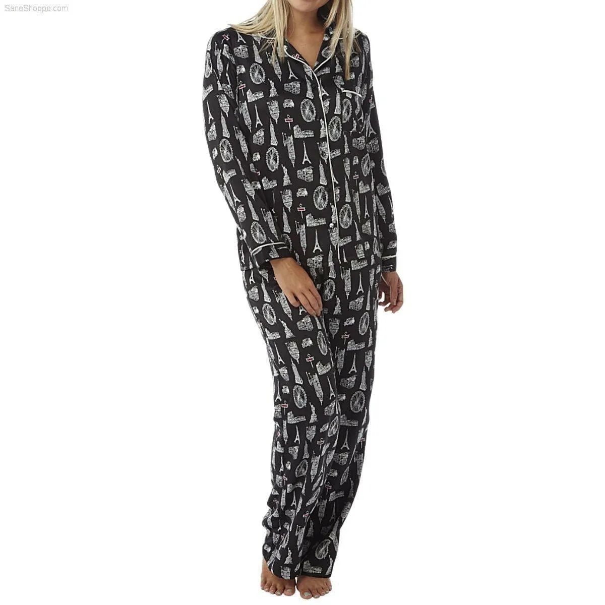 Women’s Satin Pyjamas Long Sleeve Nightwear Loungewear Set City Print