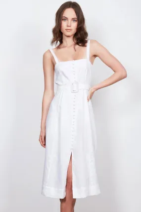 Zaylee Button Front Belted White Midi Dress