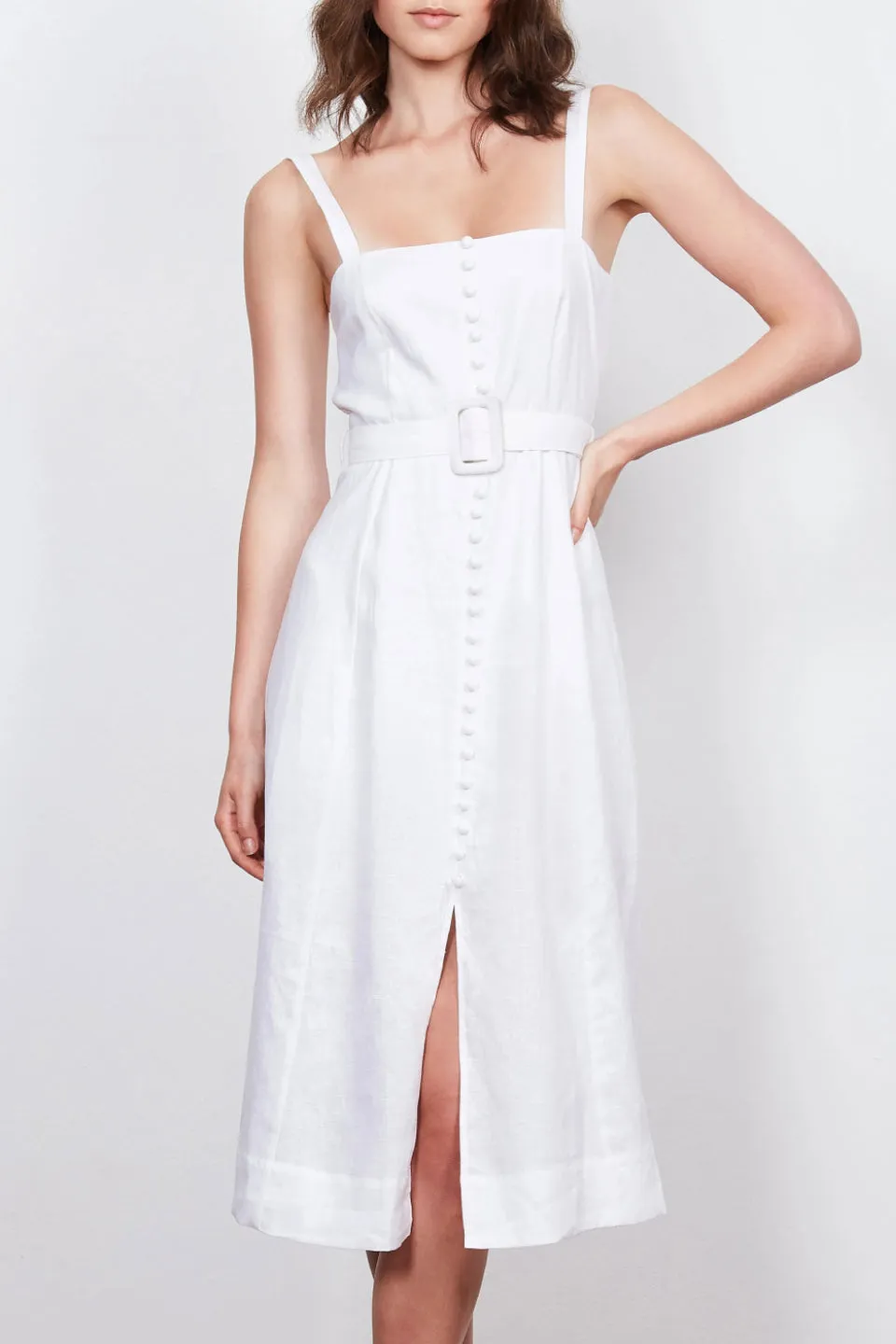 Zaylee Button Front Belted White Midi Dress