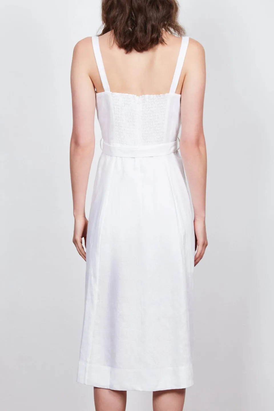 Zaylee Button Front Belted White Midi Dress